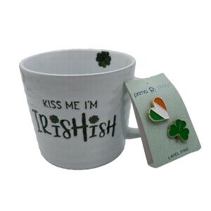 Kiss Me I'm Irishish Large Ceramic Coffee Mug With 2 Lapel Pins Prima Design